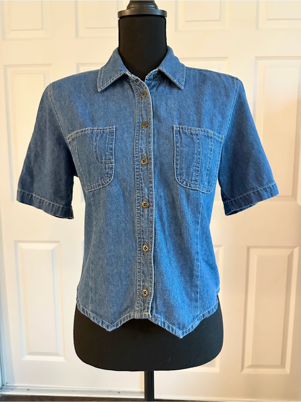 Koret City Blues 80s 90s Denim Tie Back Short Sleeve Button Down Blouse
